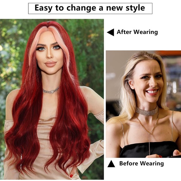 Long Wavy Wine Red Wigs Pink Skunk Stripe Synthetic Wig Middle Part Curly Wavy - Picture 8 of 11